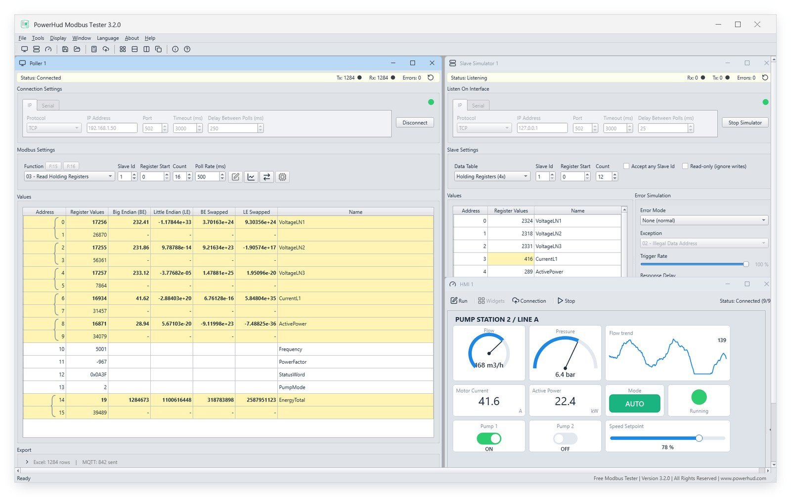 Modbus Tester 3.2.0 on Windows with a poller reading an energy meter, a Modbus slave simulator listening on port 502 and an HMI screen running, all in one workspace