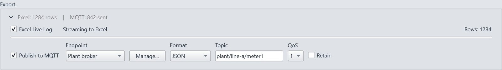 The Export panel of a Modbus poller with Excel live logging enabled and MQTT publishing configured with an endpoint, JSON format, topic and QoS