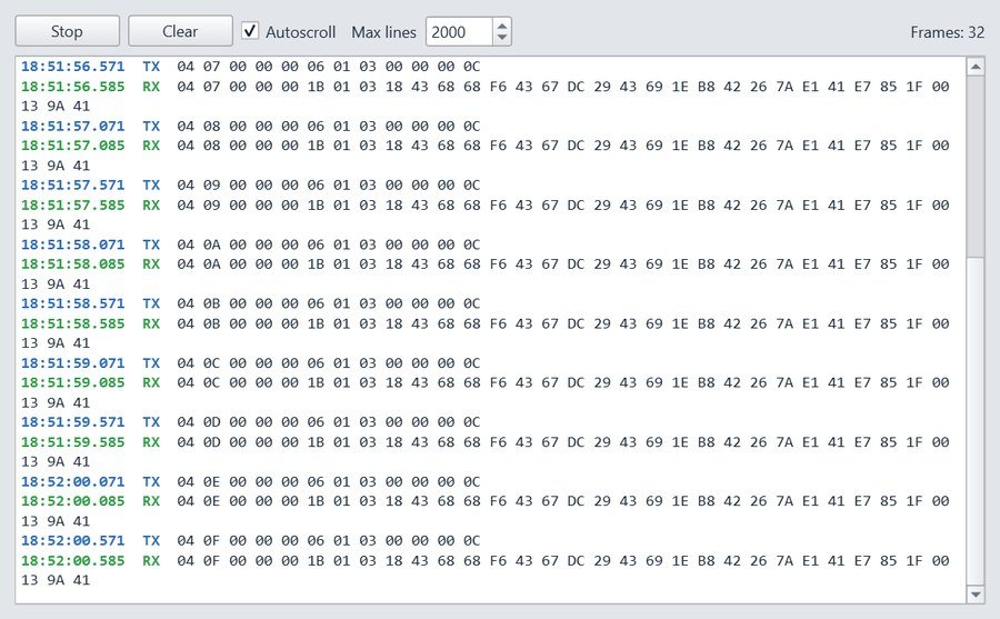 Modbus traffic monitor listing timestamped TX and RX frames in hexadecimal exactly as they travel on the wire